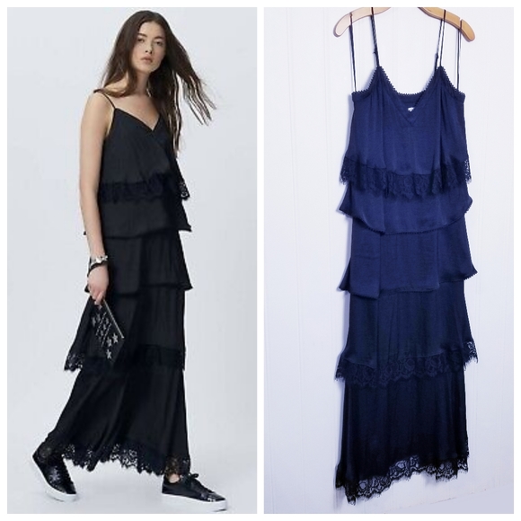 Rebecca Minkoff Slip Dress Womens Size 2 Black Maxi Tiered Lace Spaghetti Strap - Picture 1 of 15